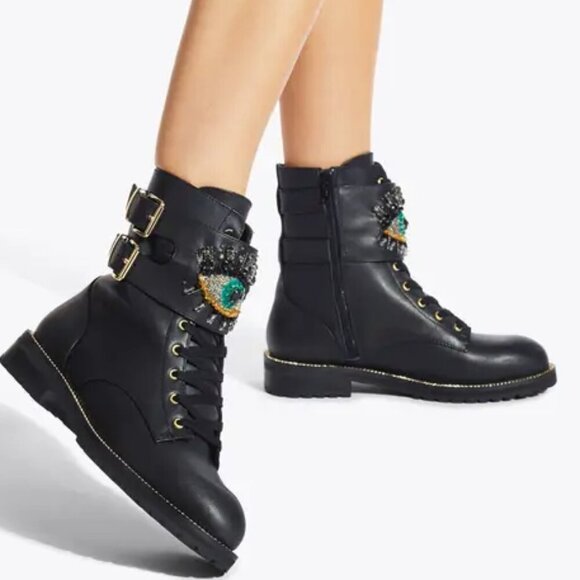 Kurt Geiger Black Leather Sutton Rhinestone Embellished Eye Combat Boot  Size 6 - Picture 11 of 12